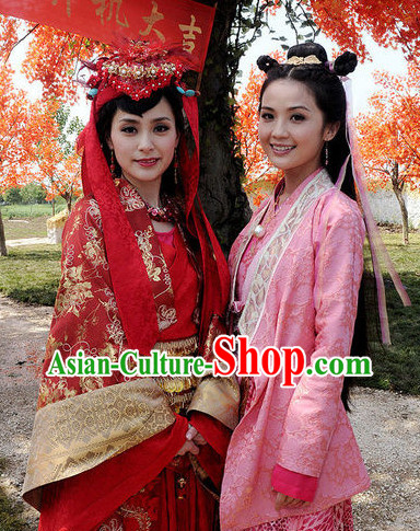 Red Chinese Wedding Dress and Hair Ornaments Complete Set