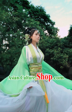 Green Wide Sleeve Classical Dancing Costumes and Hair Accessories Full Set for Women