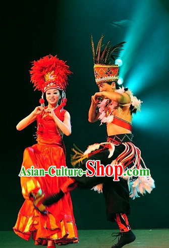 Chinese Yunan Xishuang Banna Ethnic Men and Women's Dance Costumes
