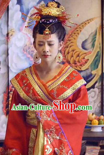 Asian China Princess Red Wedding Outfit and Phoenix Hair Jewelry for Women