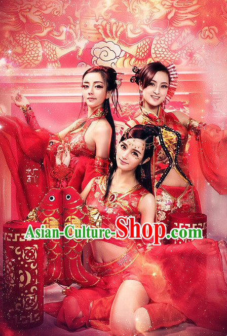 Happy New Year China Red Beauty Fairy Costumes Full Set