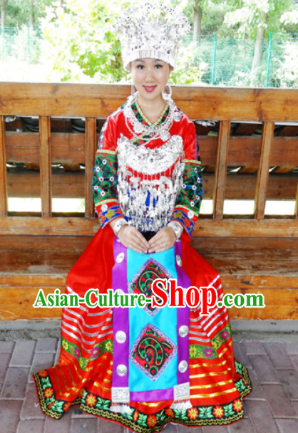 China Hmong Miao Stage Costumes and Hat Complete Set