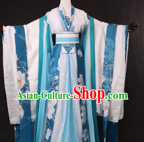 Chinese Traditional Blue White Hanfu Wide Sleeves Suit