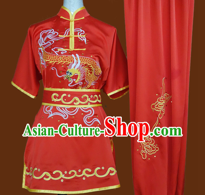 China Red Top Dragon Embroidery Martial Arts Competition Clothes Complete Set