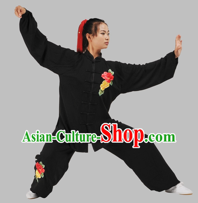 Black Velvet Embroidery Floral Kung Fu Suit Complete Set for Women