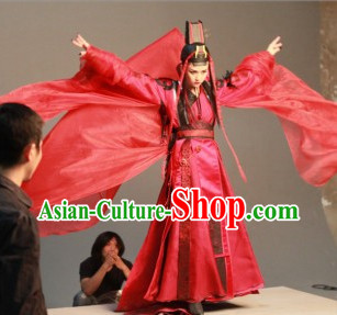 Chinese Top Kung Fu Master Dong Fang Bu Bai Red Costumes and Hat Complete Set