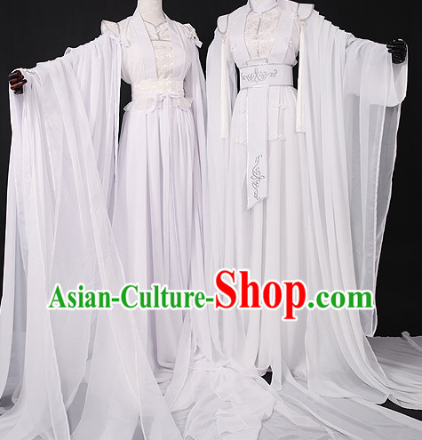 Chinese Pure White Romantic Wedding Gowns Hanfu Costumes Halloween Costumes for Men and Women