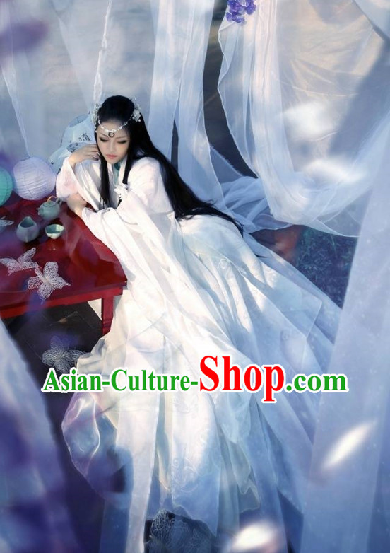 China Civilization Chinese Pure White Hanfu Clothing and Hair Jewelry Complete Set for Women