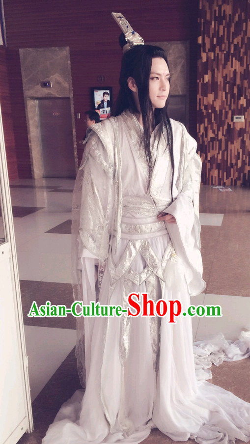 Chinese White Fairy Costumes Asian Fashionand Hair Jewelry Complete Set for Men