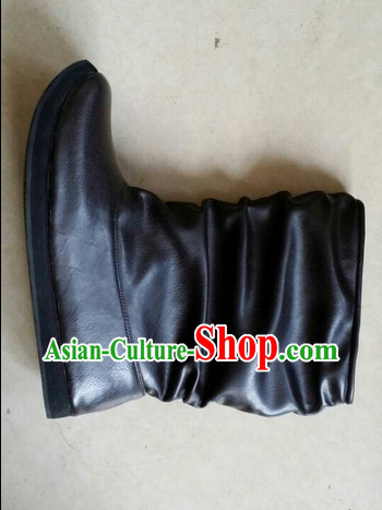 Handmade Chinese Traditional Ancient Swordman Men Black Leather Boots Footwear