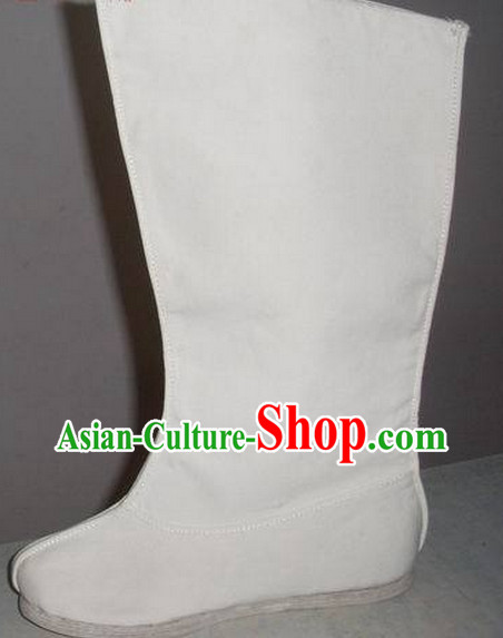 Handmade Chinese Traditional White Hanfu Fabric Boots Footwear