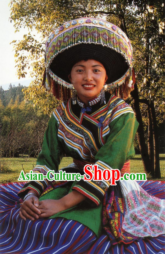 Chinese Traditional Miao Ethnic Clothing and Hat Complete Set