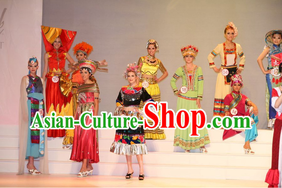 Oriental Clothing Chinese Ethnic Costumes and Headwear Ten Sets
