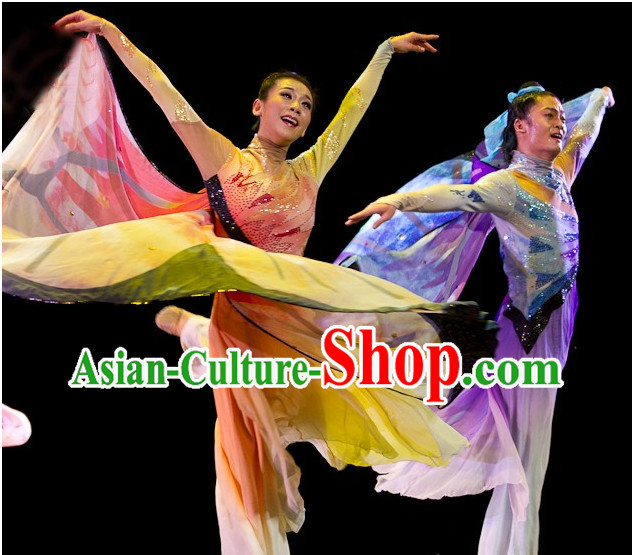 Chinese Stage Performance Butterfly Love Dance Costumes and Headbands 2 Sets