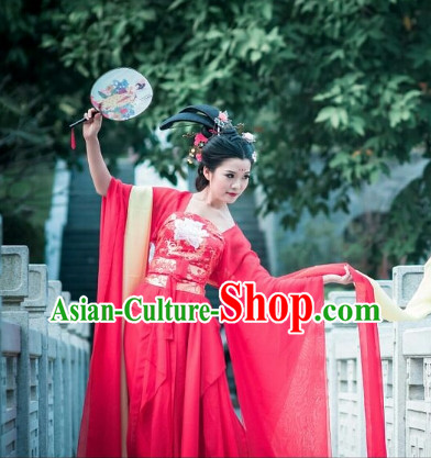 Asia Fashion Ancient China Culture Chinese Red Hanfu Dress and Hair Accessories Complete Set