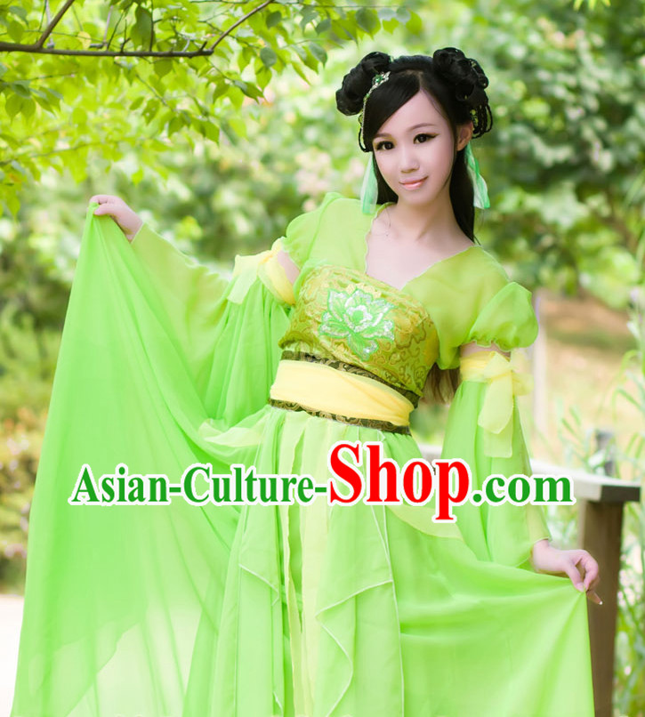 Asia Fashion Ancient China Culture Chinese Light Green Hanfu Clothes and Hair Accessories