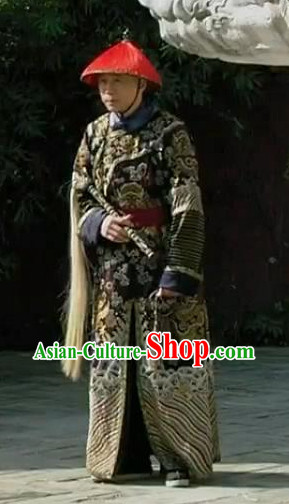 Chinese Qing Dynasty Eunuchs Costumes and Hat Complete Set