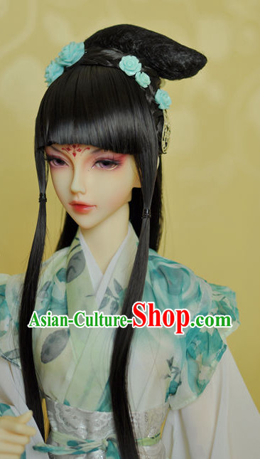 Chinese Traditional Black Long Wig and Hair Accessories Hairpin Hair Jewelry