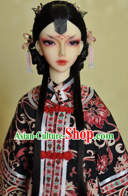 Traditional Chinese Wife Long Black Wig and Hair Accessories Headbands