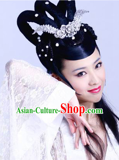 Chinese Traditional Handmade Black Wig and Hair Ornaments