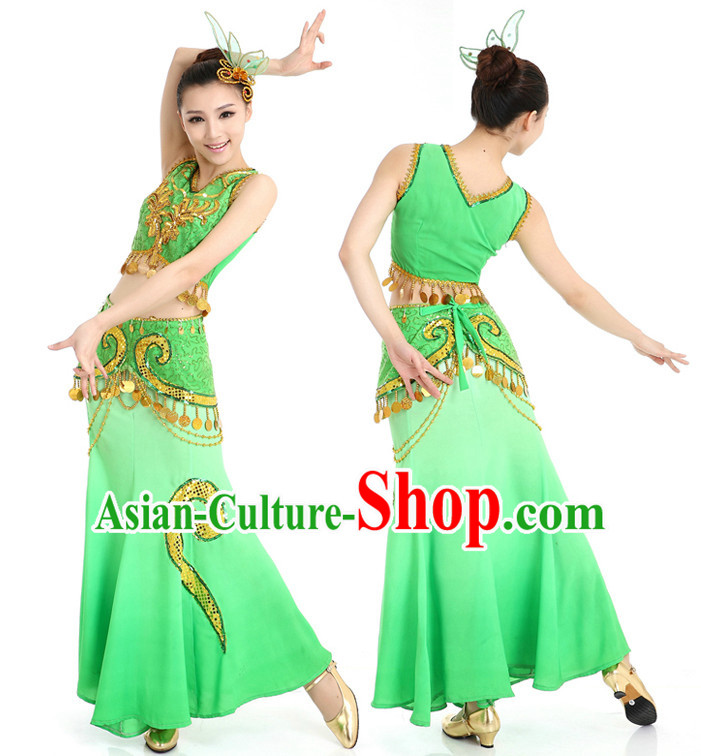 Chinese Traditional Yunnan Peacock Dance Costumes Suppy and Headwear Complete Set