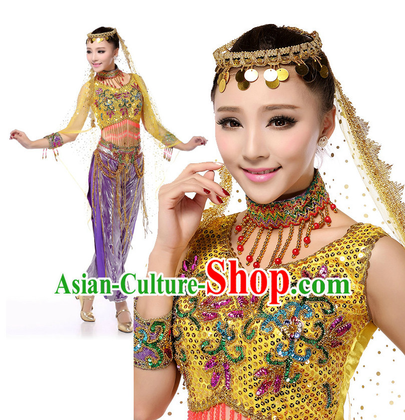 Chinese Traditional Xinjiang Dance Costumes Suppy and Headpieces Complete Set