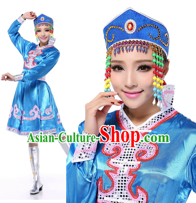 Chinese Meng Gu Dance Costumes Apparel Dance Stores Dance Gear Dance Attire and Hair Accessories Complete Set for Women