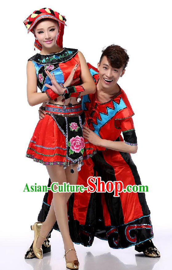 Chinese Traditional Minority Dance Apparel Dance Attire and Headpiece Complete Set for Men and Women