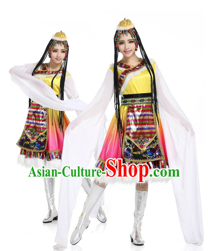 Chinese Traditional Tibetan Dancing Apparel Dance Attire and Headpiece Complete Set for Women