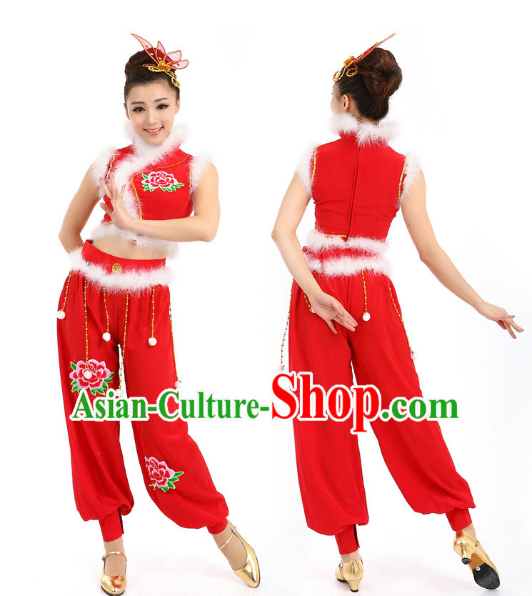 Chinese New Year Dancing Costumes Apparel Dance Stores Dance Gear Dance Attire and Hair Accessories Complete Set for Women