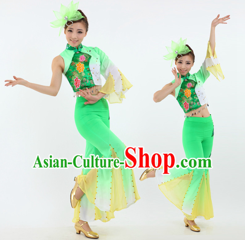 Chinese Fan Dancing Costumes Apparel Dance Stores Dance Gear Dance Attire and Hair Accessories Complete Set for Women