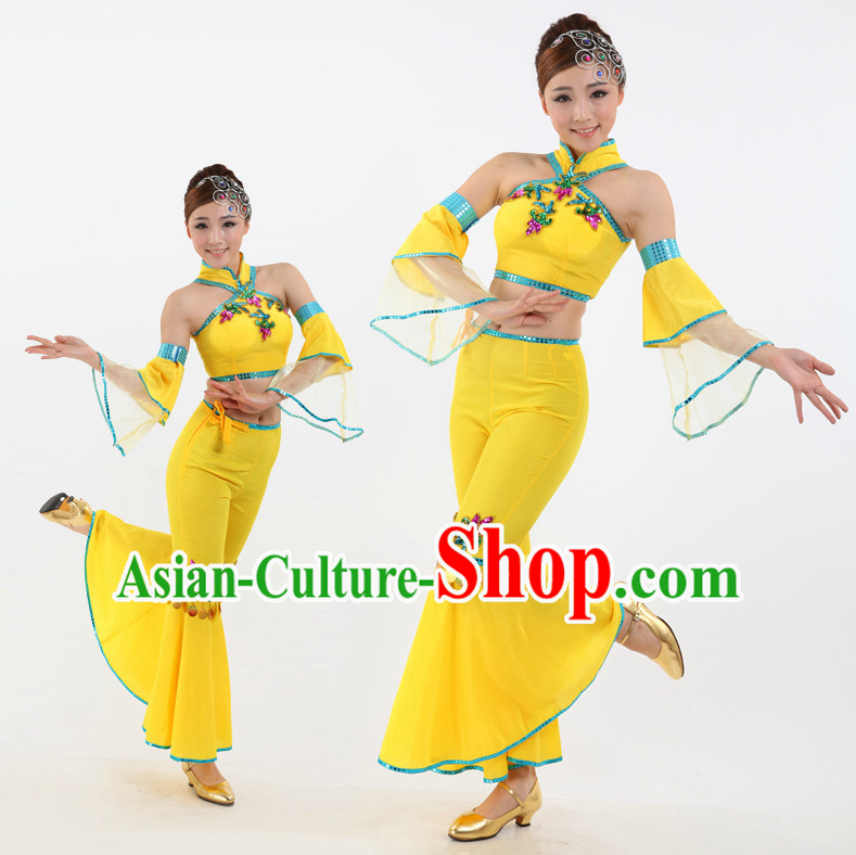 Chinese Stage Professional Fan Dancing Costumes Apparel Dance Stores Dance Gear Dance Attire and Hair Accessories Complete Set
