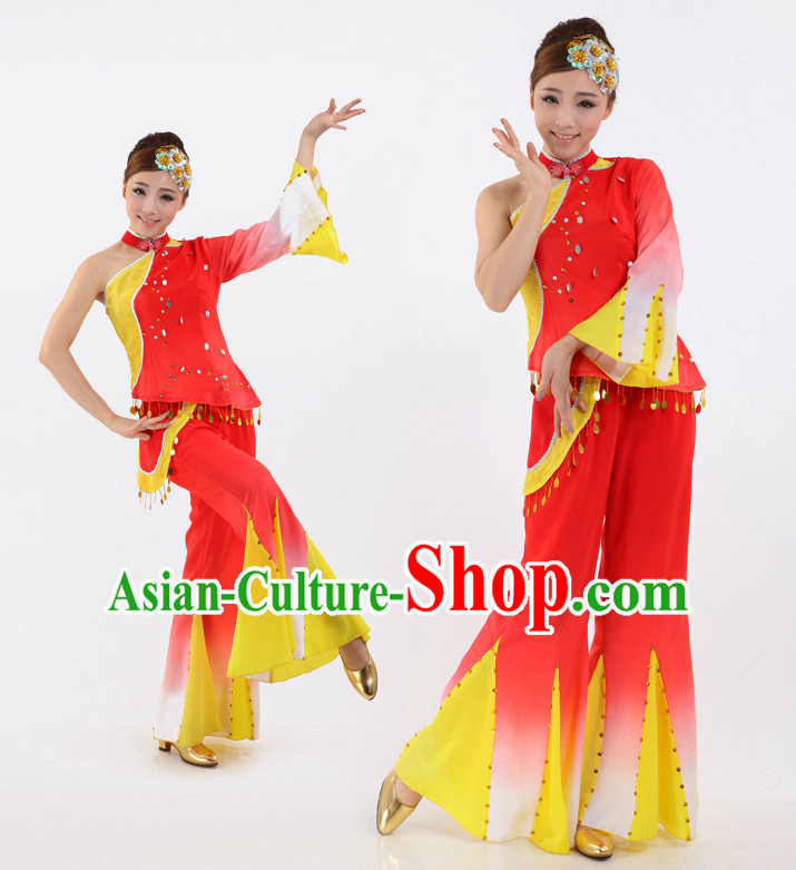 Chinese Stage Fans Costumes Apparel Dance Stores Dance Gear Dance Attire and Hair Accessories Complete Set