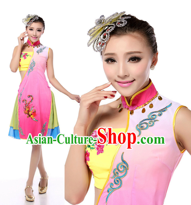 Chinese Stage Cheongsam Qipao Costumes Dance Stores Dance Gear Dance Attire and Hair Accessories Complete Set