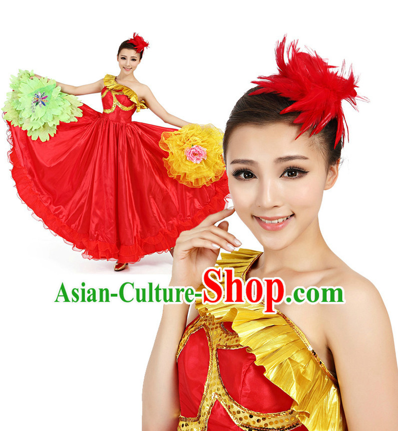 Asian Chinese Professional Stage Costumes Dance Stores Dance Gear Dance Attire and Hair Accessories Complete Set