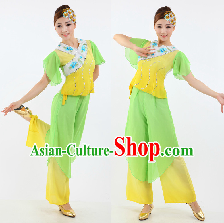 Asian Chinese Fans Dance Costume Dance Stores Dance Gear Dance Attire and Hair Accessories Complete Set
