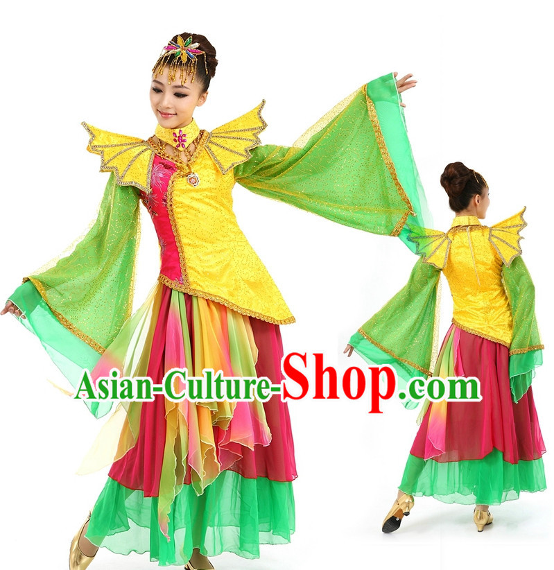 Asian Chinese Dancing Costume Dance Attire and Hair Accessories Complete Set