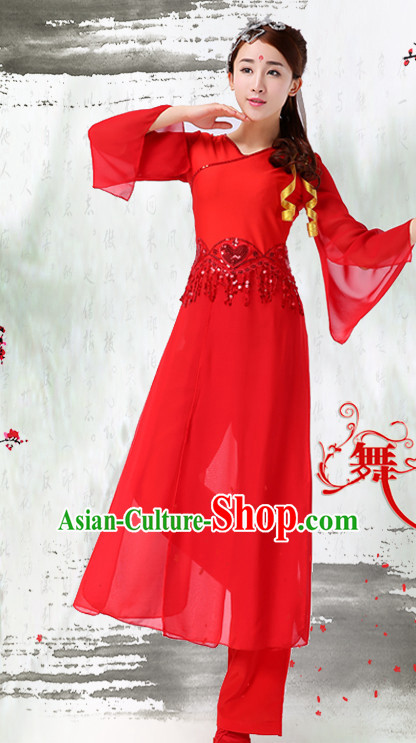 Asian Chinese Red Classical Dancing Costume Dance Attire and Hair Accessories Complete Set