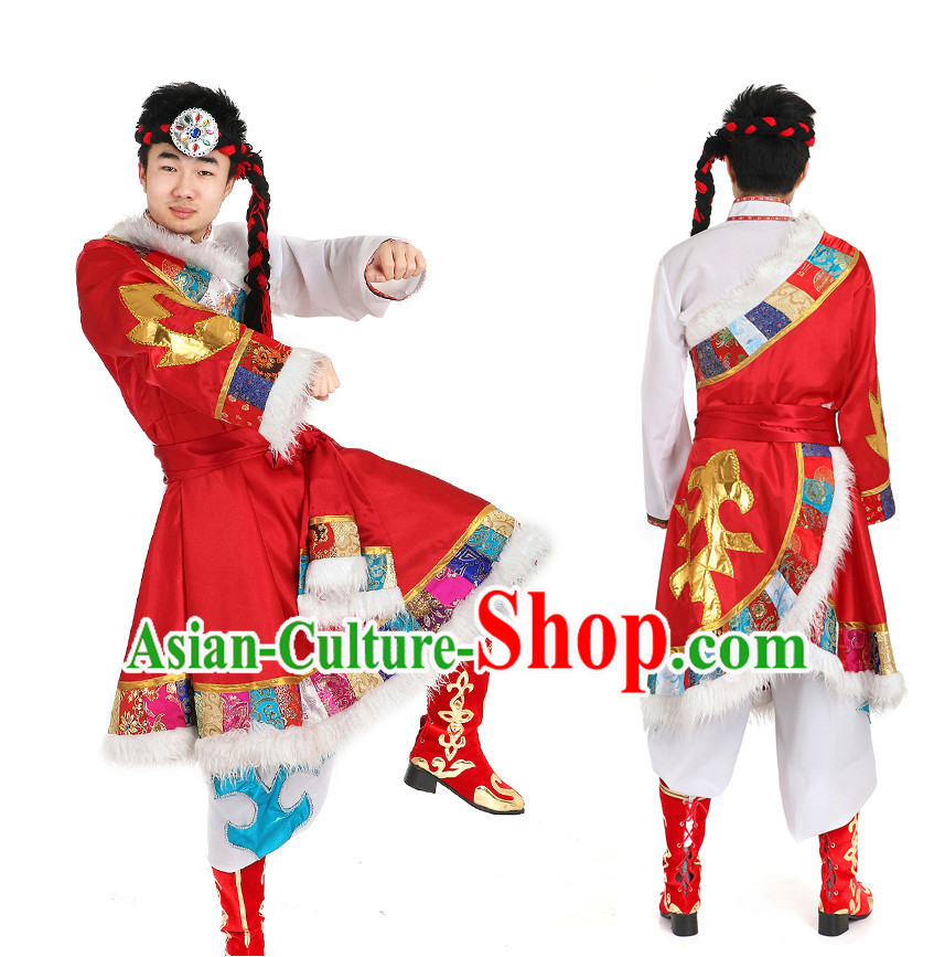 Asian Chinese Mongolian Dancing Costume Dance Attire and Hair Accessories Complete Set