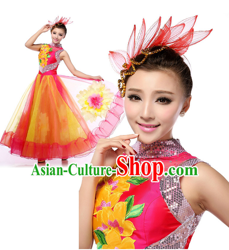Chinese Stage Opening Dancing Costumes Apparel Dance Stores Dance Gear Dance Attire and Hair Accessories Full Set