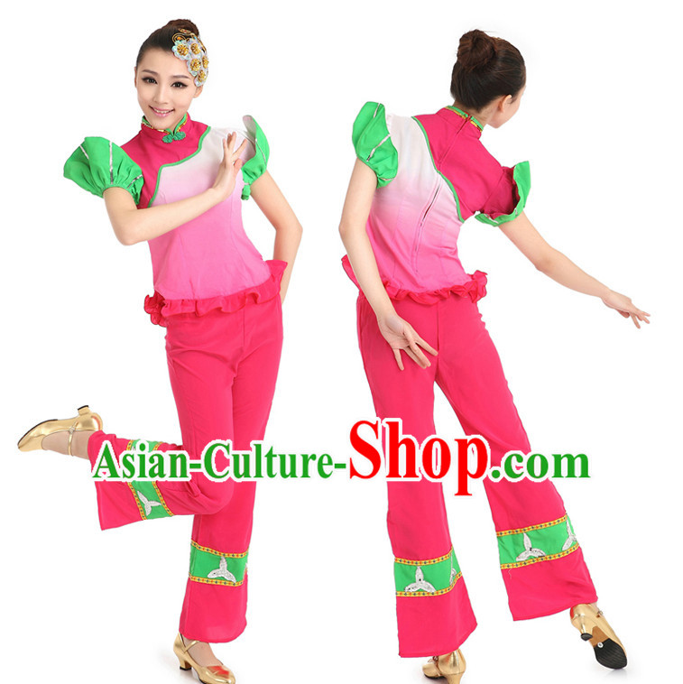 Chinese Fan Dancing Costumes Apparel Dance Stores Dance Gear Dance Attire and Hair Accessories Full Set