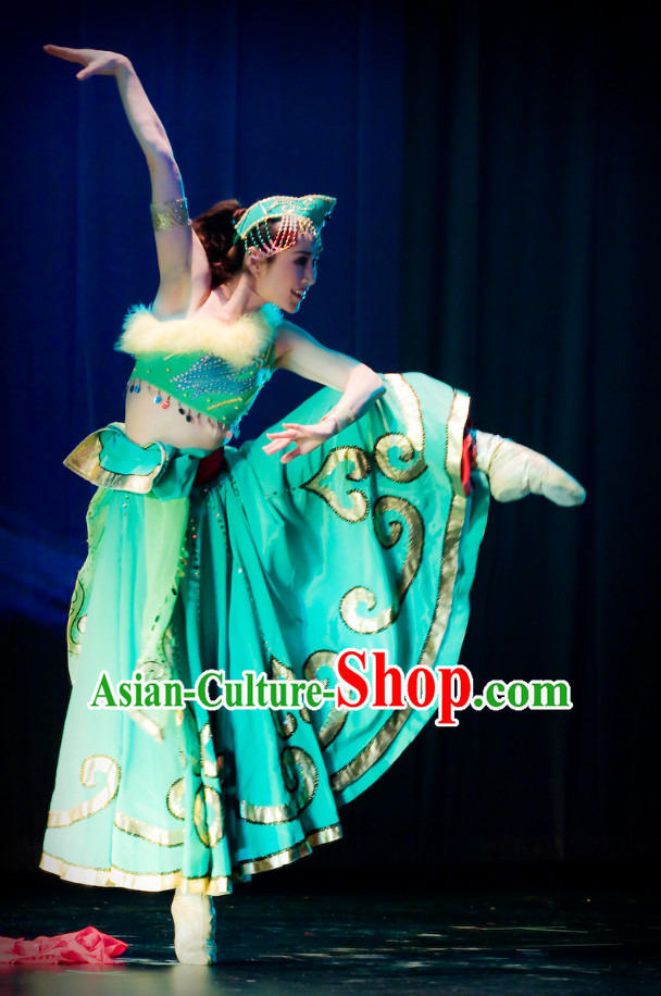 Professional Chinese Stage Performance Ethnic Dancing Costumes and Headwear Complete Set