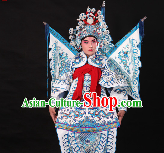 Chinese White Beijing Opera Wu Sheng Fighting or Military Character Armor Costumes Flags and Helmet Full Set for Men