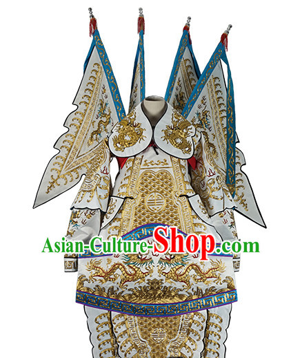 Chinese White Theatrical Costume Beijing Opera Costumes Peking Opera Wu Sheng Embroidered Armor Costumes and Flags for Men