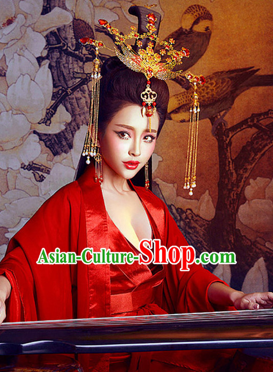 Chinese Red Sexy Kimono Dresses and Hair Jewelry Complete Set