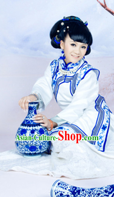 Blue and White Chinese Folk Dress and Headpieces Complete Set for Ladies