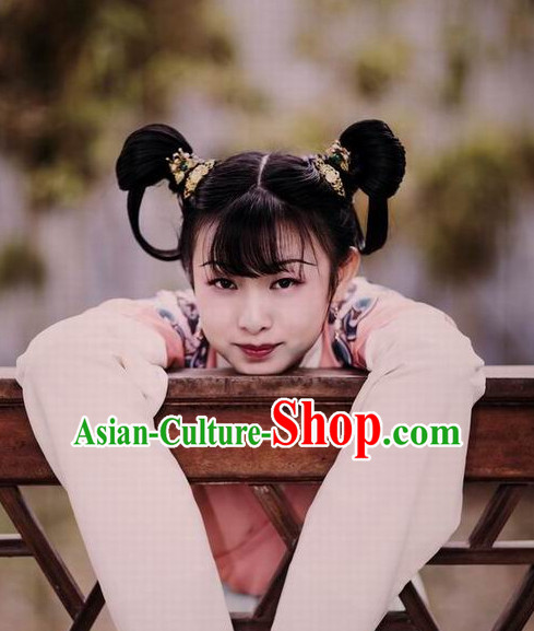 Chinese Traditional Tang Dynasty Black Wig and Hair Accessories