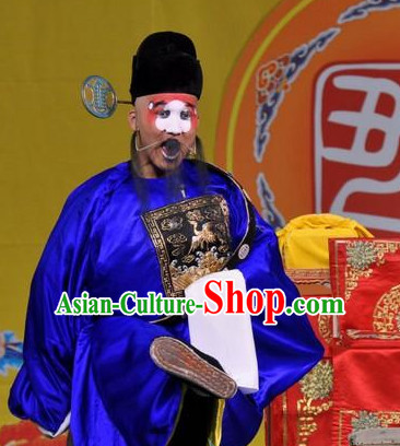 Blue Chinese Traditional Peking Opera Clown Official Costumes and Hat Complete Set for Men
