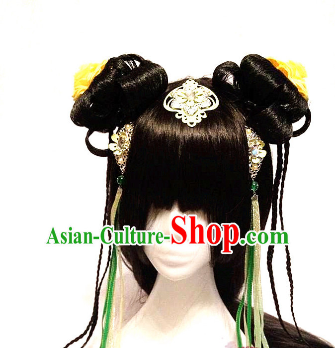 Chinese Style TV Drama Actress Handmade Hair Accessories and Long Wigs