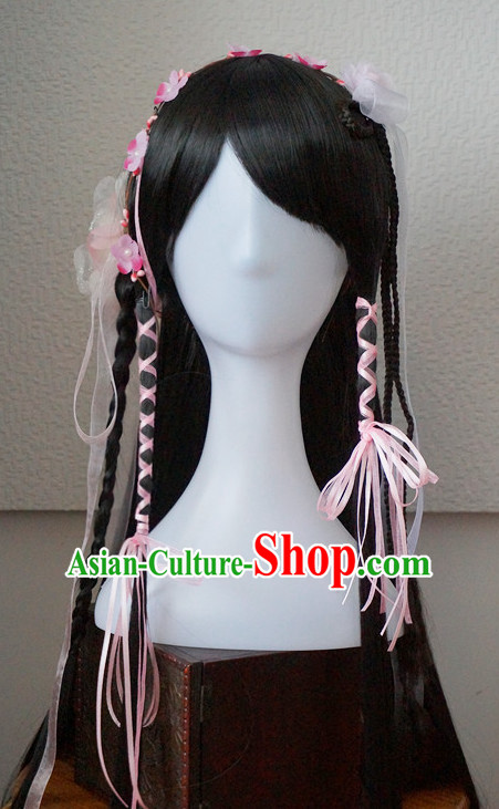 Traditional Chinese Princess Handmade Hair Pieces and Black Long Wigs